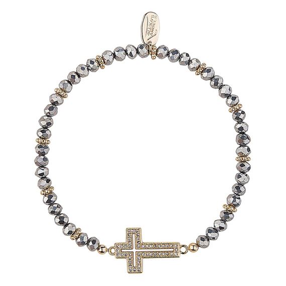 GOLD CROSS WITH TWO-TONE BEADS STRETCH BRACELET